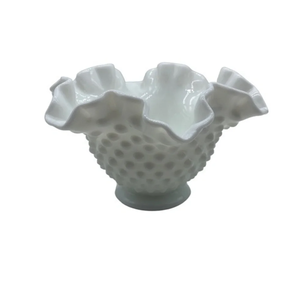 Vintage Fenton Milk Glass Hobnail Ruffled Bowl
